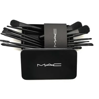 

12pcs Metal Box Custom Logo Luxury Synthetic Hair Gold Blush Eyebrow Makeup Brush Set For MAC, Black
