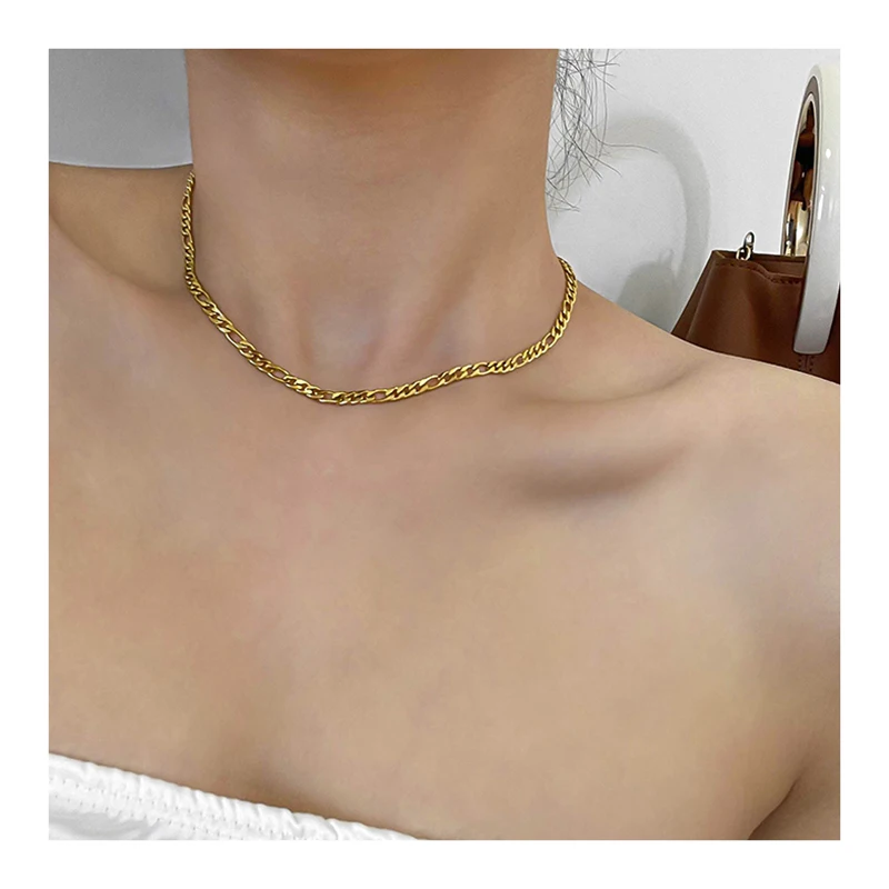 

18K Gold Plated Flat Figaro Chain Necklace Thin Choker Necklaces for Women Plain Minimalist Stainless Steel Jewelry Wholesale