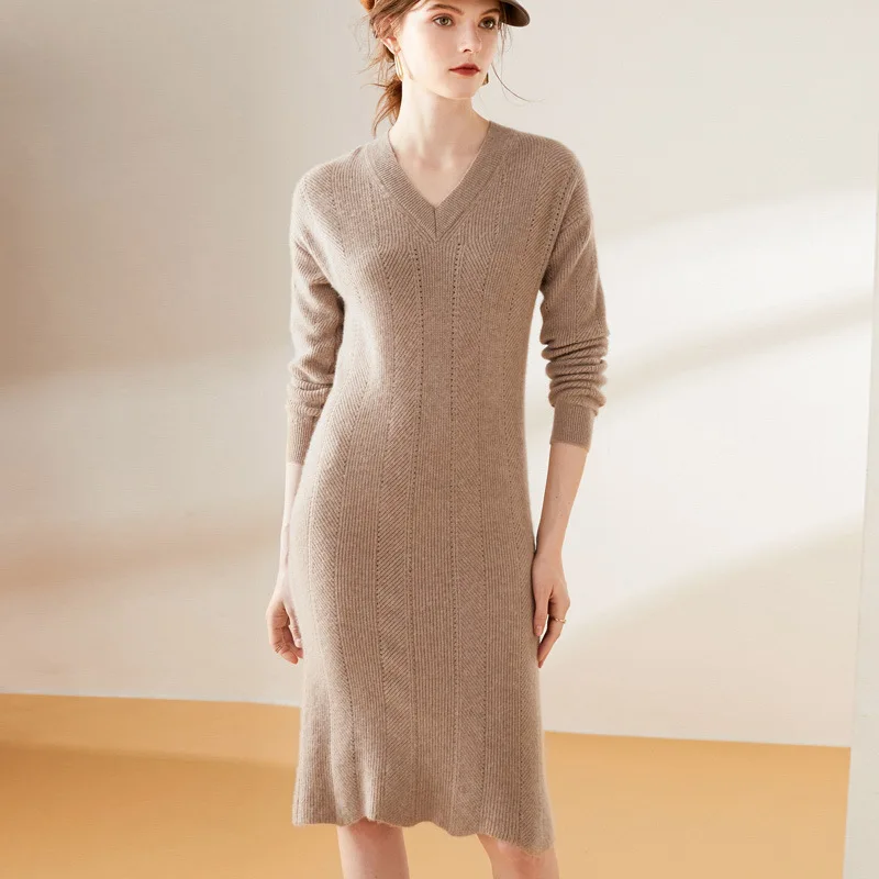 

factory custom Thickened slim V neck pure cashmere skirt women 100% cashmere knit sweater dress