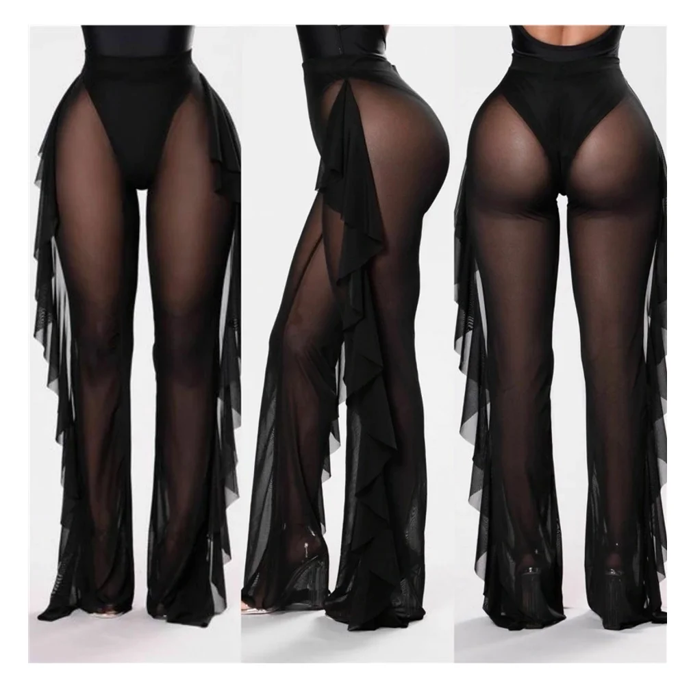 

2020 Women Beach Mesh Pants Women Cover Up Sheer Bikini Swimwear Ruffle Pants Swimsuit Sexy Cover Up Pants, Picture