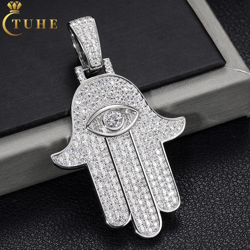 

In Stock Dropshipping Hip Hop Jewelry 925 Sterling Silver VVS Moissanite Diamond Iced Out Hamsa Hand Pendant For Men Women