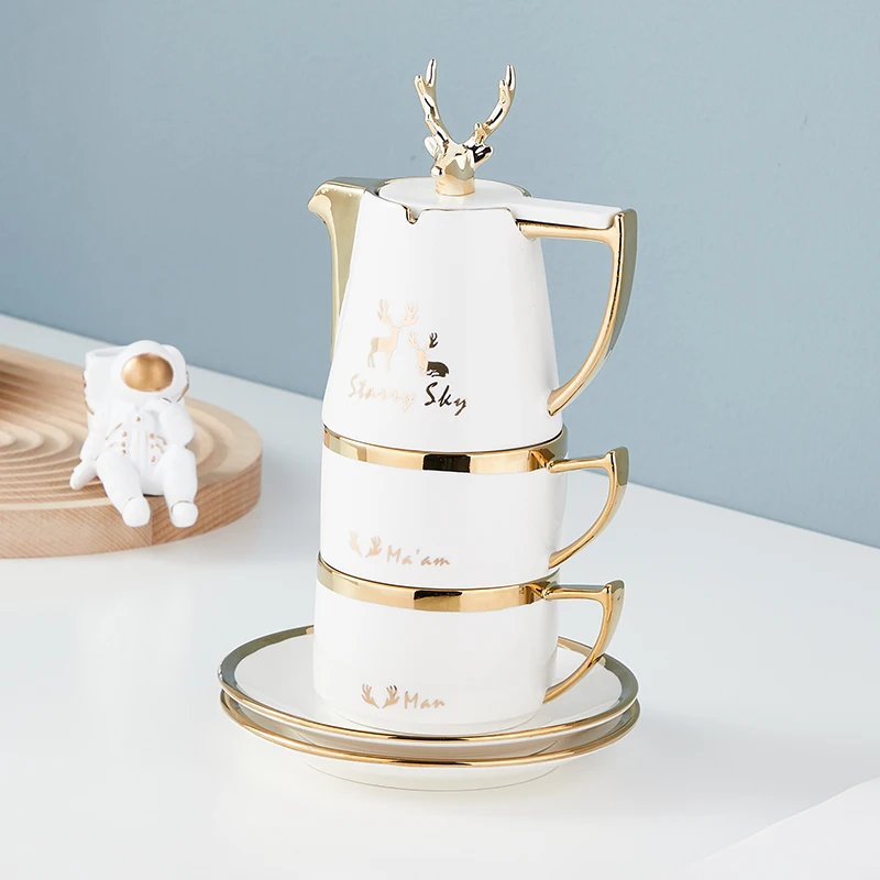 

European Deer European Luxury Pot Two Cups Gold Depicting Travel Ceramic Tea Sets