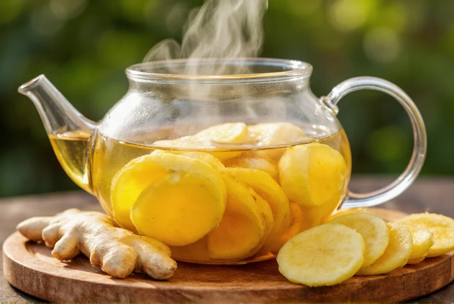 Close-up of fresh ginger slices steeping in clear teapot with steam rising