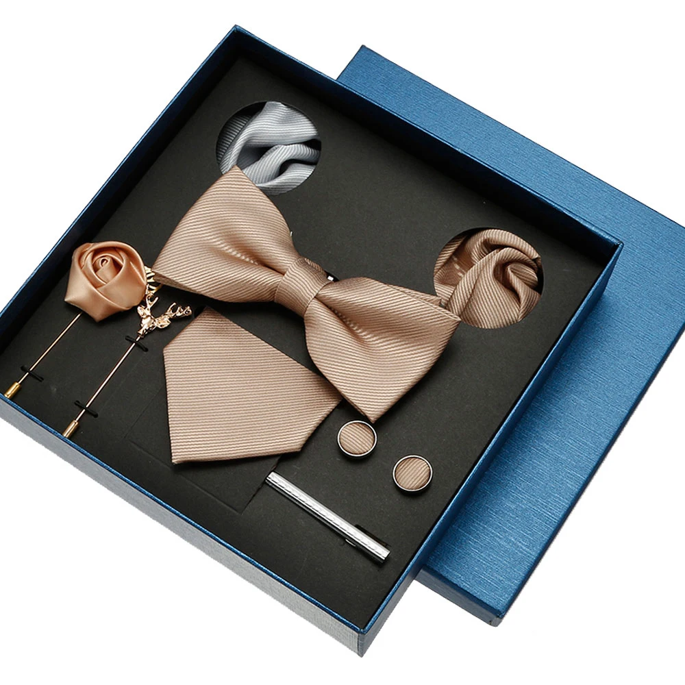 

Luxury Champagne Men Ties And Hanky Set Silk Bowtie Brooches Necktie Tie Set For Men Plain Accessories