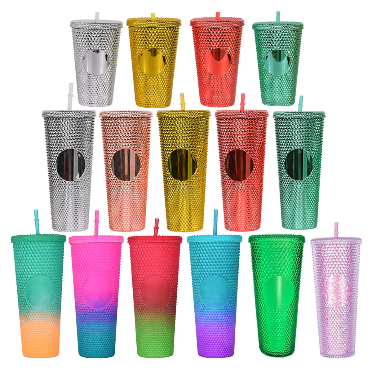 

Wholesale BPA Free Double Layer Studded Cups Coffee Cup Plastic Diamond Tumbler Durian Cup With Straw And Lid, White