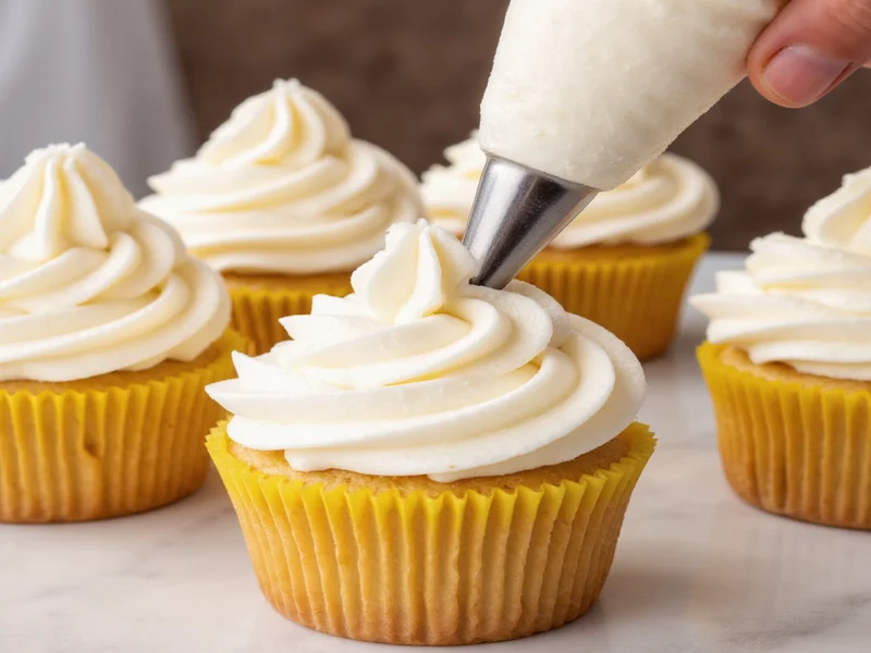 Smooth vanilla buttercream icing piped in swirls on cupcakes