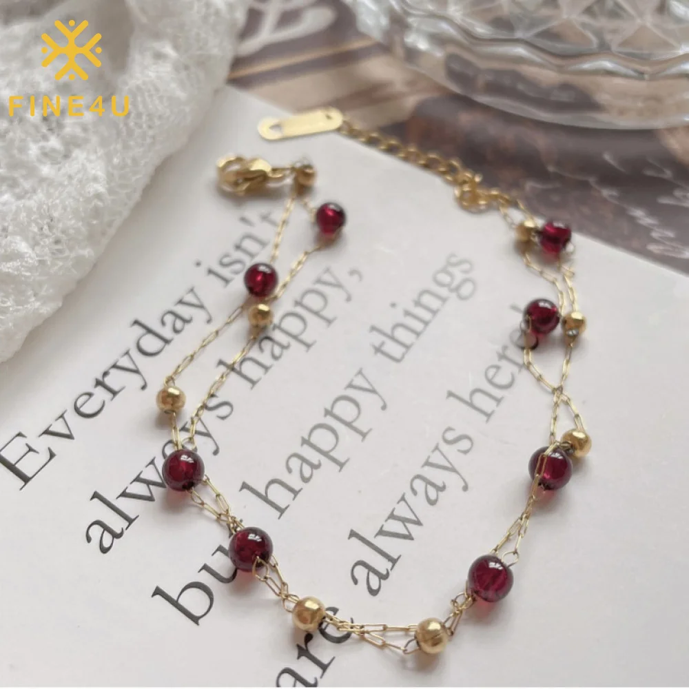 

Vintage 18K Gold Plated Women Jewelry Stainless Steel Natural Burgundy Garnet Stone Bead Bracelet