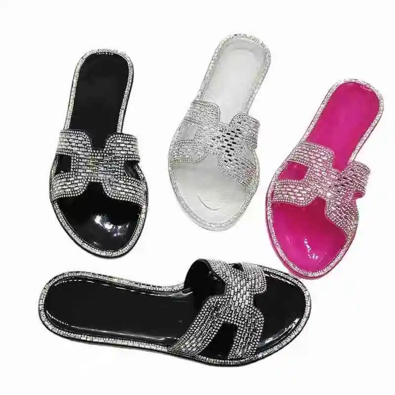 

Summer 2021 factory wholesale H rhinestones slippers ladies clear sandal diamond slip on flat jelly shoes casual footwear, As picture