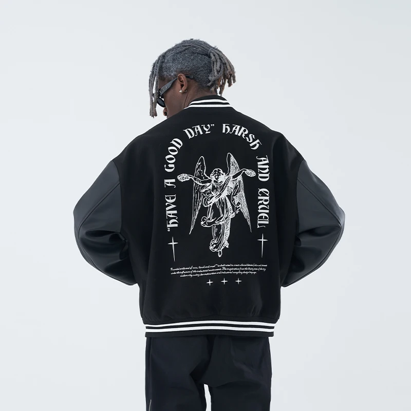 

Gothic mens leather sleeves pilot comfortable woolen baseball coat street custom print plus size bomber jackets, Black