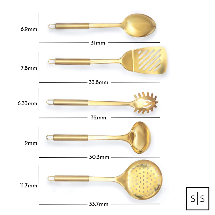 Brass/Gold Cooking Utensils Set for Modern Cooking and Serving - 5 PC  Dishwasher Safe Stainless Steel Gold Utensils Set - Serving Spoon, Ladle 