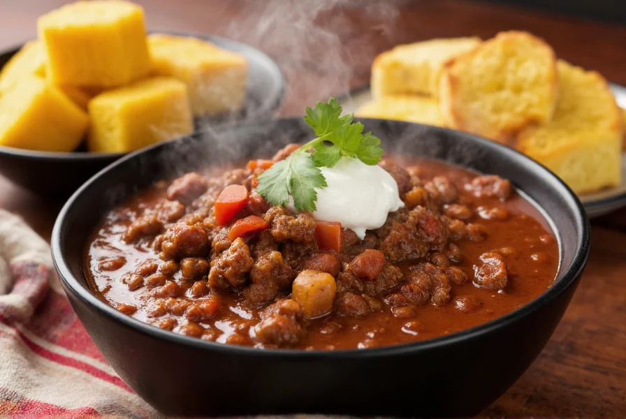 Steaming bowl of steak chili served with cornbread and garnished with sour cream and cilantro