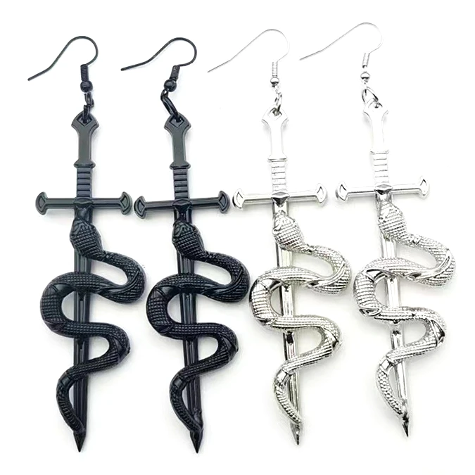 

Wholesale Unique Gothic Earrings Vintage Punk Jewelry Silver Black Earrings Exaggerated Snake Longsword Earrings for Women Men