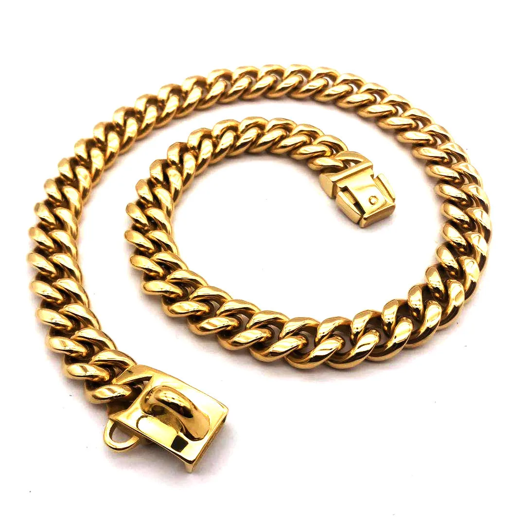 

14MM Custom Dog ID Disk 316L Stainless Steel 18K Gold Plated Cuban Link Dog Chain Collar, Gold silver