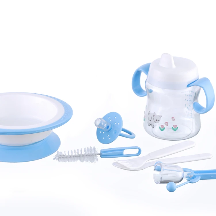 

Free Sample Hot Sell Baby Training Series Sippy Cup Bowl With Spoon And Fork For Kid Baby Plastic Feeding Set