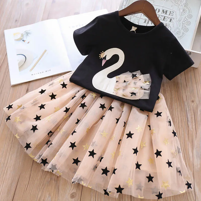 

SK085 RTS 2021 new design girl skirt and blouse fashion comfortable baby girl skirt and top swan star baby skirt set