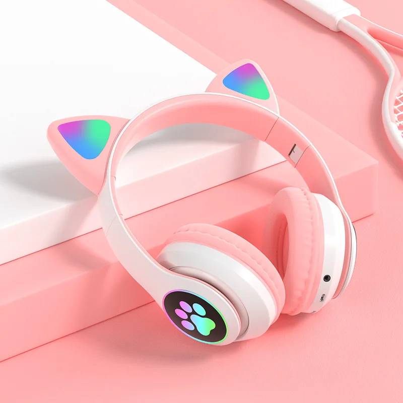 

Best selling christmas gift headphone stn-28 cat ears wearing BT 5.0 light LED macaron colors wireless headphone, 5 colors