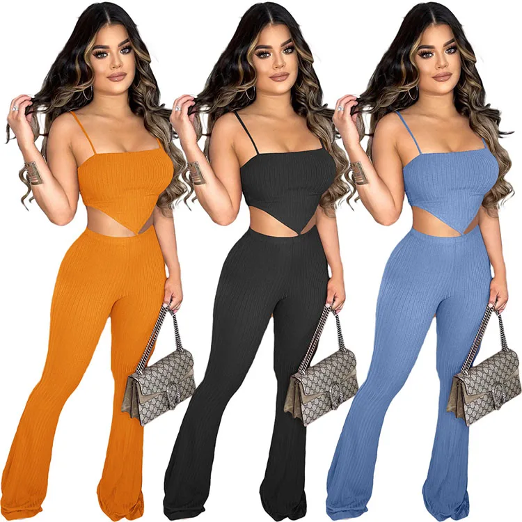 

ZH8552 Fashion Sling 2 Piece Set Women Summer 2021 Bell Bottom Pant Crop Top Set