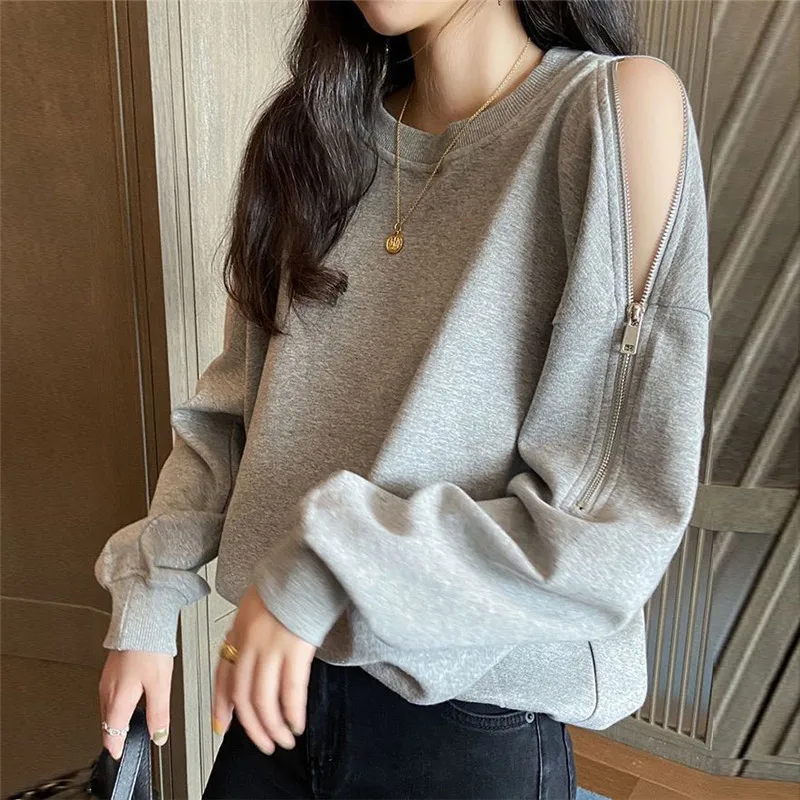 

Sexy Off Shoulder Long Sleeve Hoodies Women Korean Clothing Casual Loose Plain Pullover Coat Tops Sweatshirt