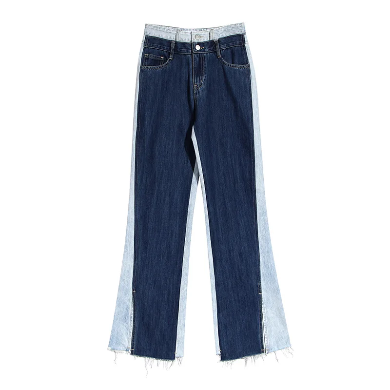 

Two-color Contrast Washed Denim Long Pants Jeans Worn High Waist Cowgirl Wide Leg Trousers, Blue