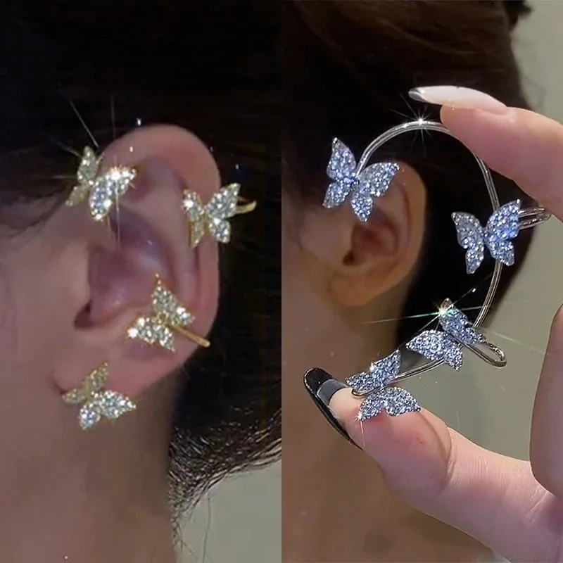 

Luxury Shining Zircon Rhinestone Long Tassel Ear Cuff Earrings Exquisite Butterfly Leaf Clip Earrings Wedding Party Jewelry