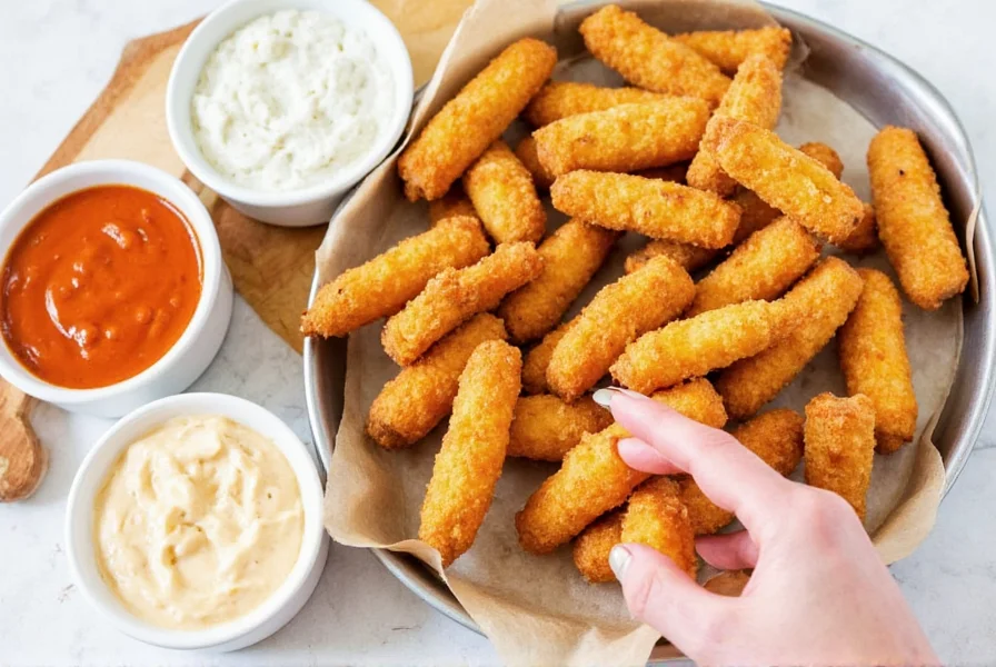 Chili mozzarella sticks served with various dipping sauces including chipotle ranch, honey-sriracha, and mango-habanero salsa