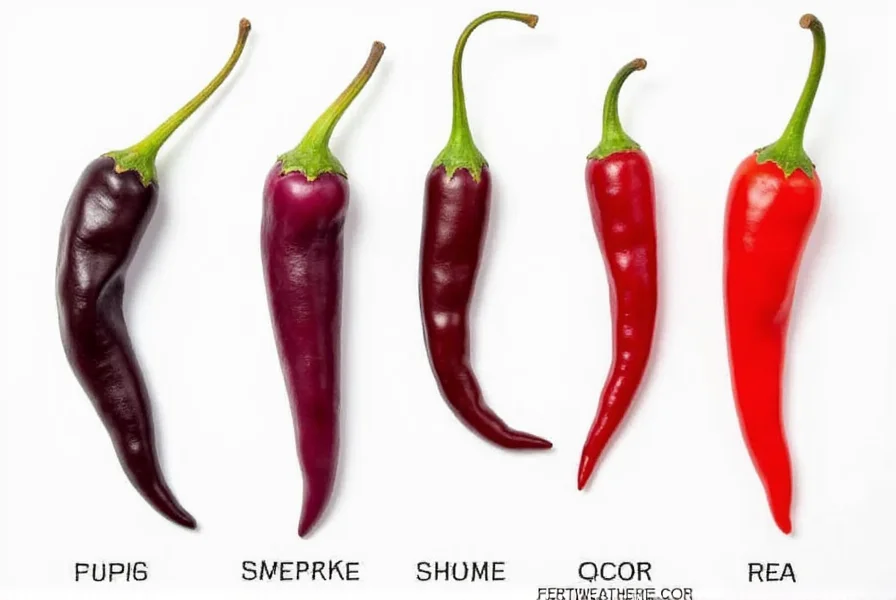 Devil's tongue pepper comparison chart showing color progression from purple to red