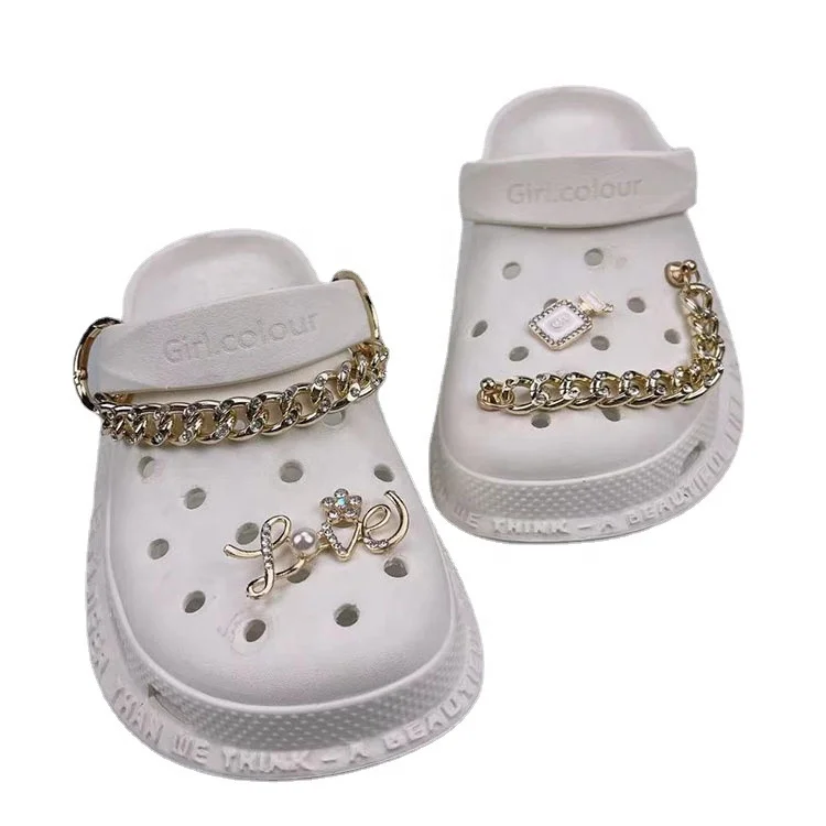

XILIANGFEIZI Wholesale Love Metal Hole Sandal Charm Clog Accessories Rhinestone Women Fashion Shoe Chain Buckle