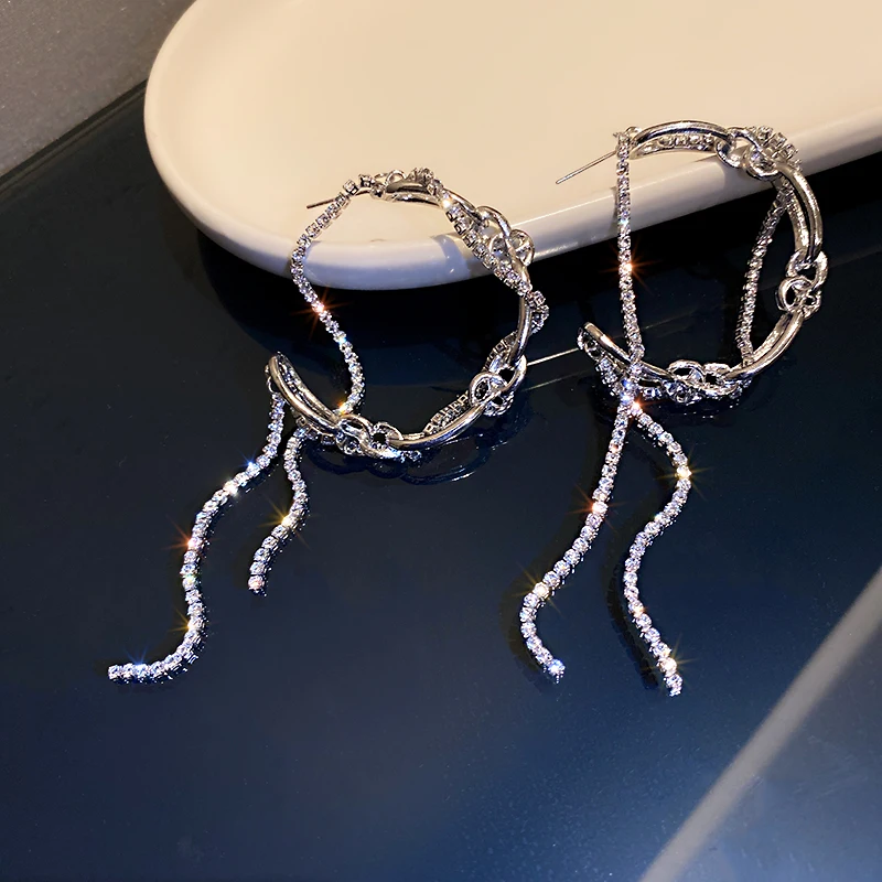 

fashion C shape long crystal hoop chain earrings