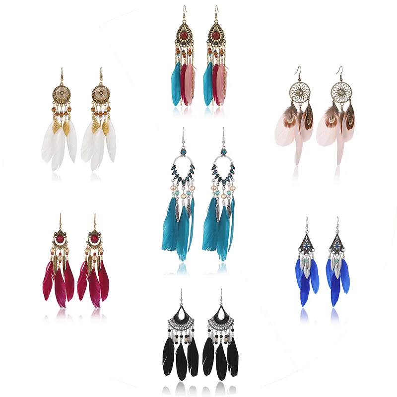 

European and American retro tassel feather earring set Bohemian style rice bead earring one week earring pendant combination