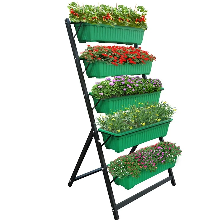 

5 Tier Raised Garden Bed,Vertical Garden Freestanding Elevated Planters with 5 Container Boxes, Black steel stand+green/brown boxes