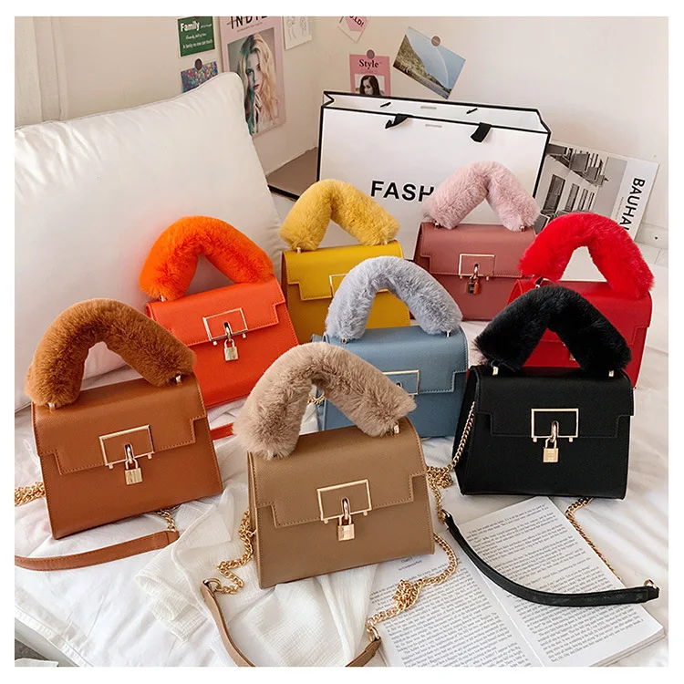 

2021 hot fur handle light color lock decoration winter chain lady bags women bag fall handbags