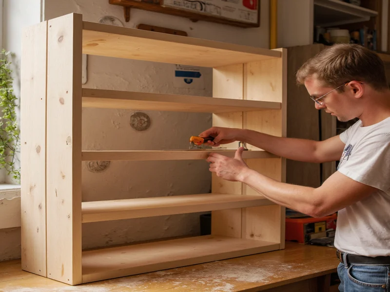 Person building wooden shelf with tools