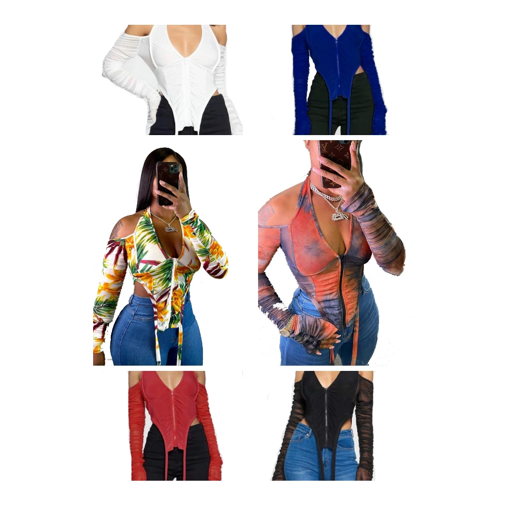 

Foma Clothing K20546T hot selling mesh backless V neck long sleeves off shoulder sexy t shirts women chiffon blouses tops, 6 colors