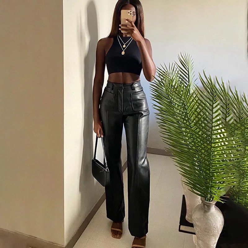 

New Amazon Hot Sale High Waist PU Leather Trousers Women Button Straight Long Faux Leather Pants, 2 colors