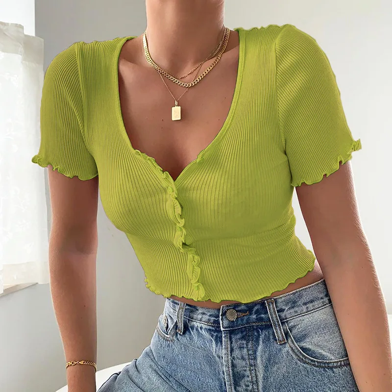 

2020 new arrivals Women's short sleeves V neck line women knitted crop top for ladies