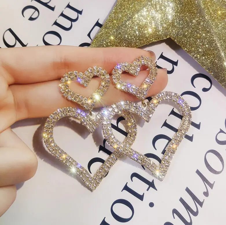 

Luxury Exaggerated Rhinestone Drop Earrings For Women Double Heart Crystal Simple Korean Earrings (KER579), Same as the picture