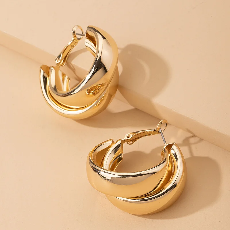 

European Fashion Minimalist 18K Gold Plated C Shape Drop Earrings Double Round Crossover Circle Chunky Hoop Earrings