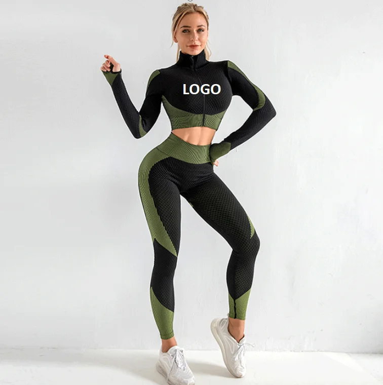 

Best Selling Long Sleeve Breathable Yoga Fitness Suit Sports Tight Zip Seamless Yoga Leggings For Women, As picture