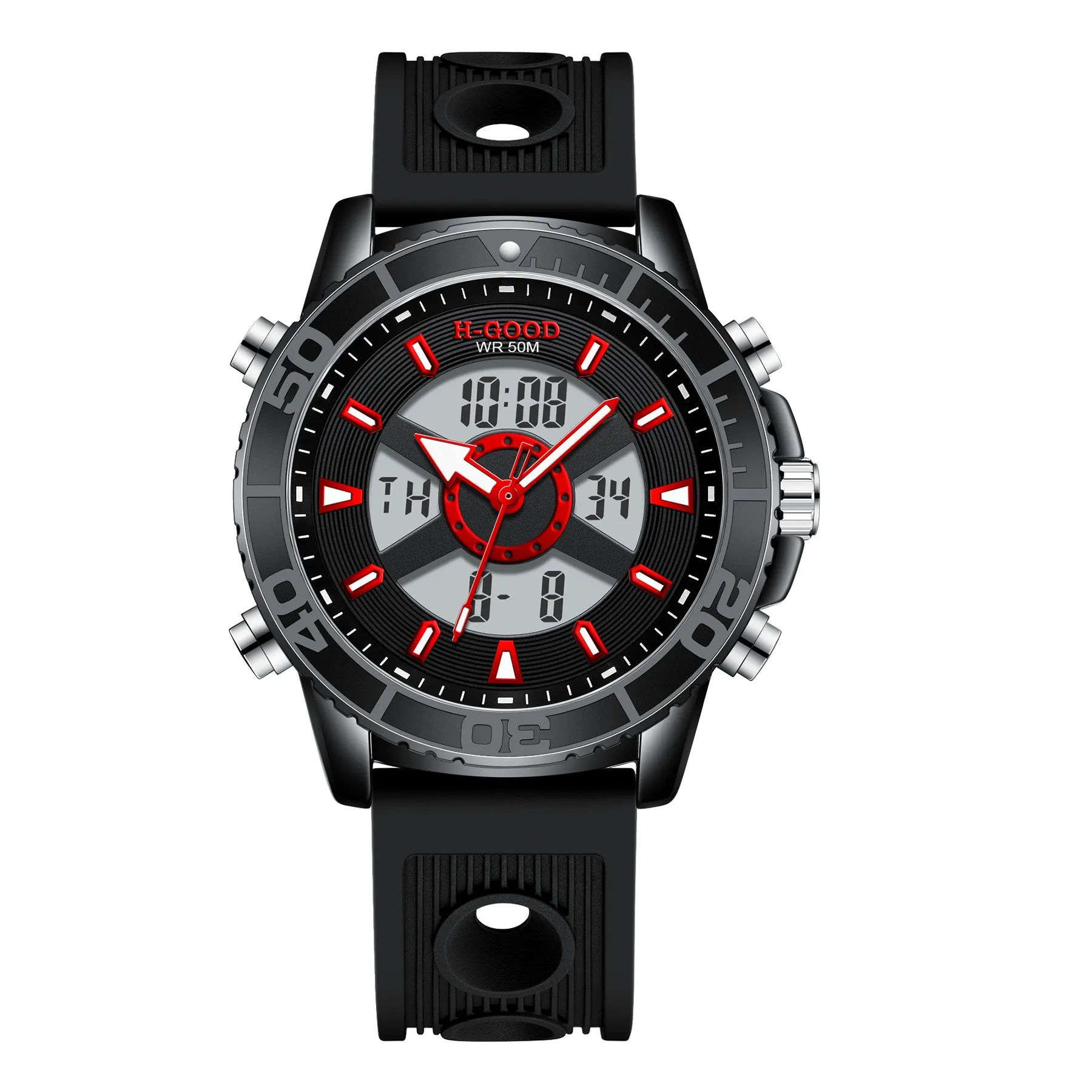 

H-GOOD TK-0005 Black 50M Waterproof Dual Time Display Oem Quartz Movement Chronograph Waterproof Men Mechanical Wrist Watch, 3 colors