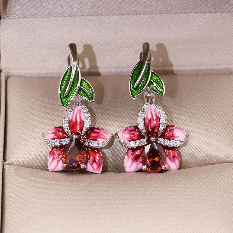

Leaf Earrings For Women Rhinestones Inlaid Pink Flower Crystal Waterdrop Earrings Fashion Jewelry Handmade, Picture