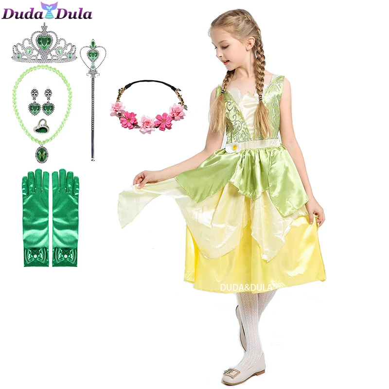 

Hot Princess Tiana Costume for Girls Birthday Party Dress Up Halloween Cosplay Kids The Princess and the Frog Role Play Dresses, Photo