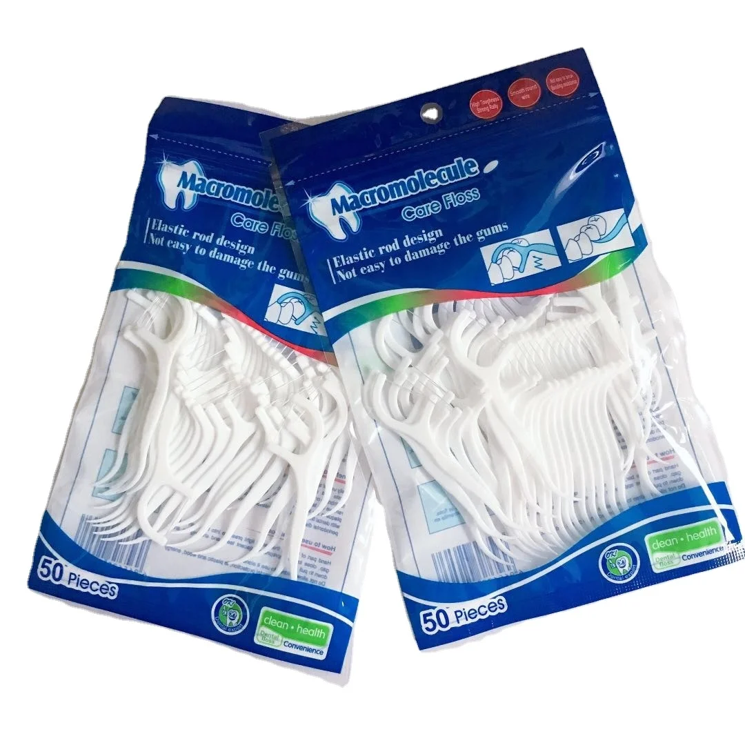 

OEM Tooth Floss Pick Organic Silk Dental Floss 50 pieces Plastic Bags, Green,white