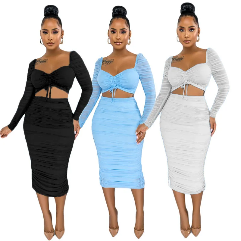 

2022 Spring Summer Fashionable Two Pieces Ladies Skirt And Top Set Ruffle Pleat Bodycon 2 Piece Long Sleeve Maxi Skirt Set Women, White/black/light blue ladies skirt and blouse