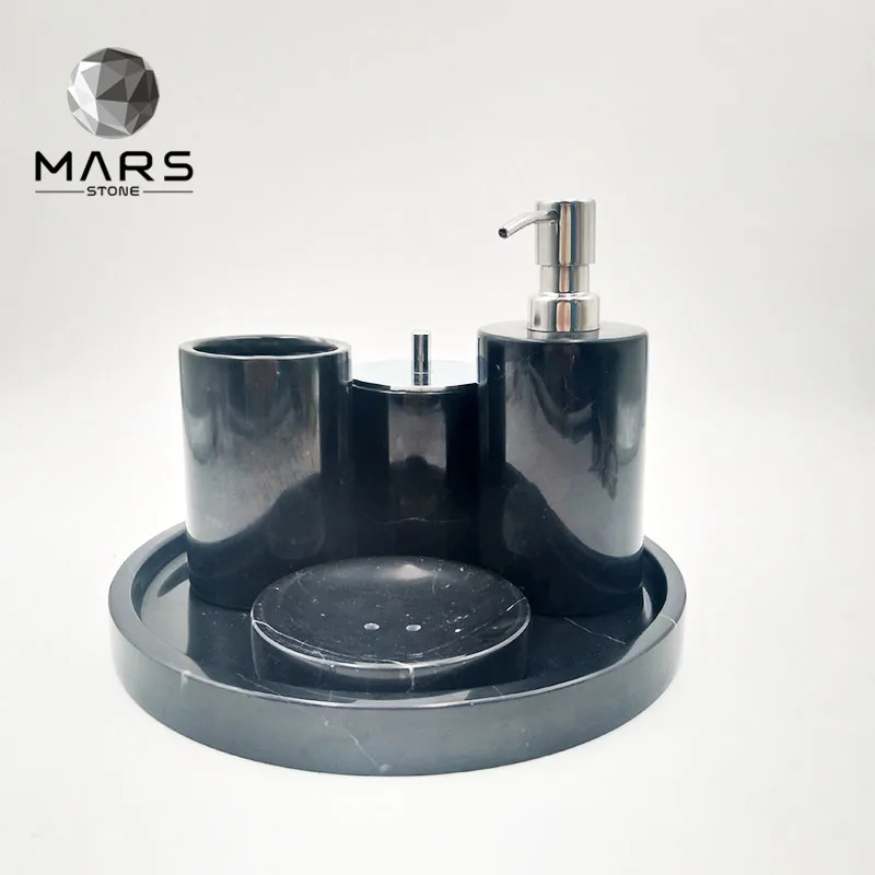 

Modern Nero Marquina Black Marble 5 Piece Bathroom Accessories Set Stone Soap Dispenser Set