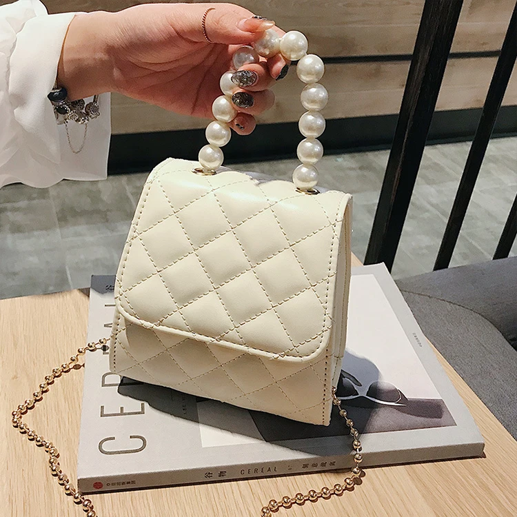 

EM1001 Factory wholesale custom women's pearl chains rhombus messenger shoulder handbags pu leather mini tote purse