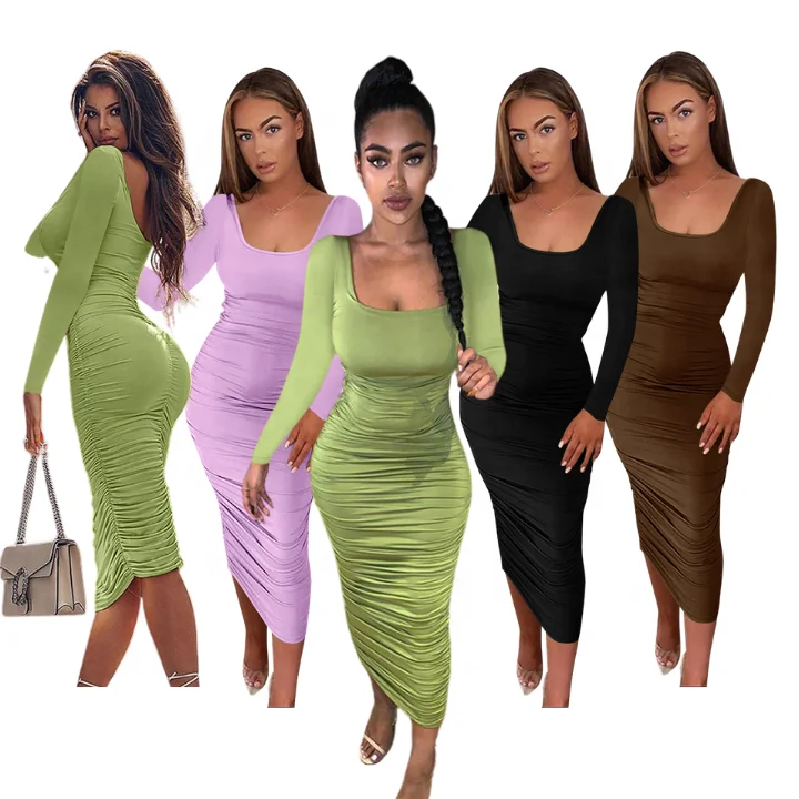 

Fashion Feed Fall Women Sexy Ruched Autumn Bodycon Maxi Long Club Dress