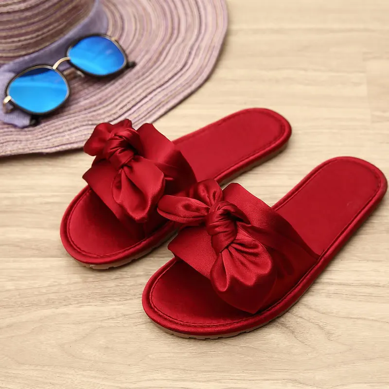 

2020 Indoor Non-Slip Satin Women Slippers Bowknot Imitate Silk Peep-Toe Slippers