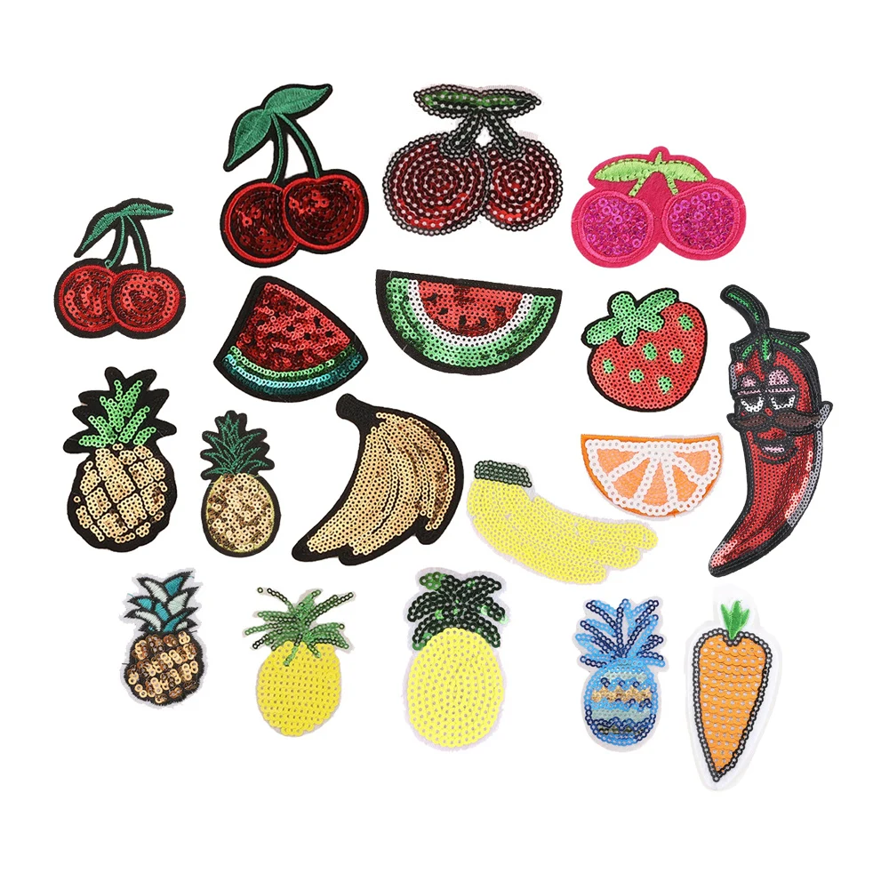 

bulk stock lovely pineapple cherry banana design iron on sequin fruit patches applique for clothes bag hat