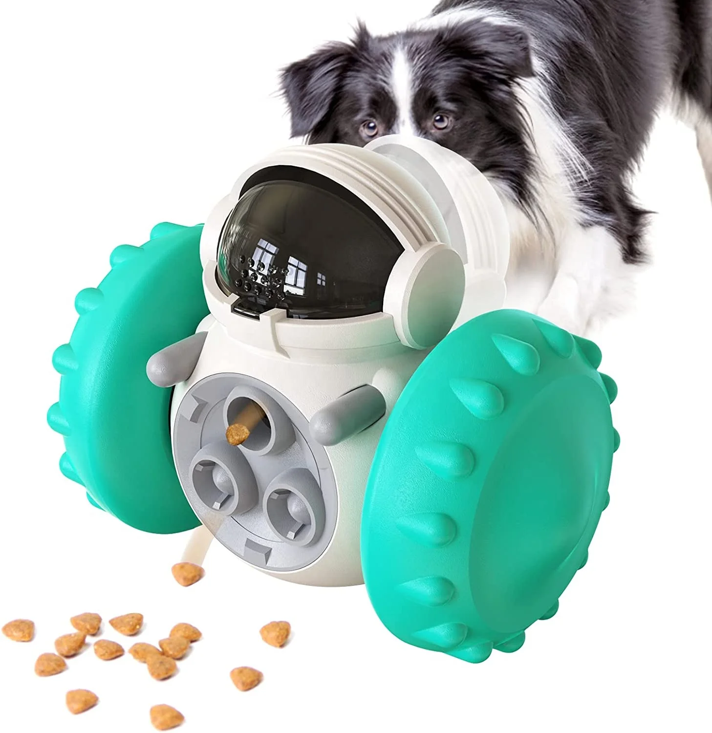 

New Style Dog Treat Puzzle Toys Interactive Treat Food Dispenser Robot Wheel Slow Feeder Toys Sustainable Plastic Pet Toys OME