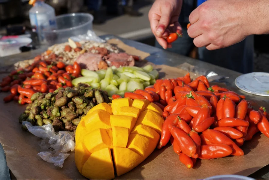 Traditional Mexican street vendor preparing chili mango snack with fresh ingredients